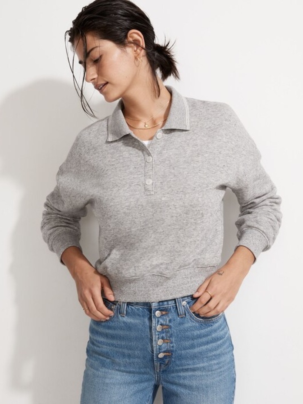 Madewell Heather Gray Cropped Polo Sweatshirt